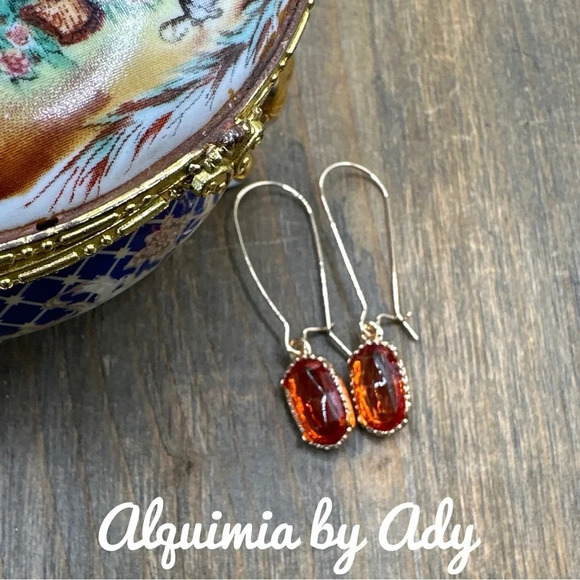 Bright orange jewel tone crystal charms extra long gold dangle hoops earrings - Picture 1 of 5